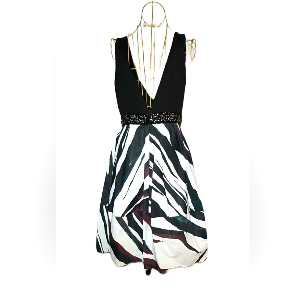 NWT Maslavi Jovani A-Line Black Striped Cocktail Dress, Beaded Waist & Pockets 4 - Picture 7 of 16